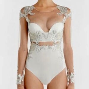 La Perla ~ “Peony” Floral-Embroidered Lace long-sleeve Bodysuit / Off-White 36B